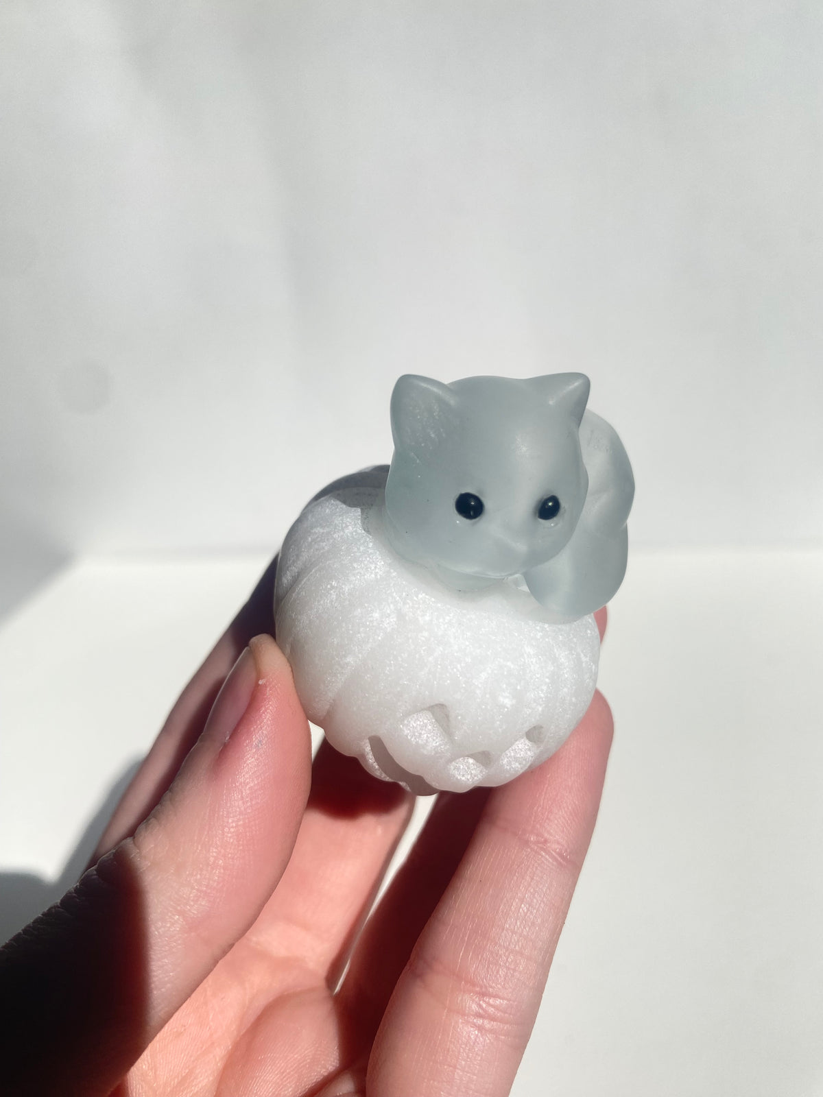 Selenite Cat On Calcite Pumpkin